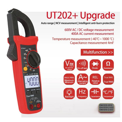 Multimetro portatile UT202+ con selezione automatica della portata, misuratore True RMS a pinza e display LCD.