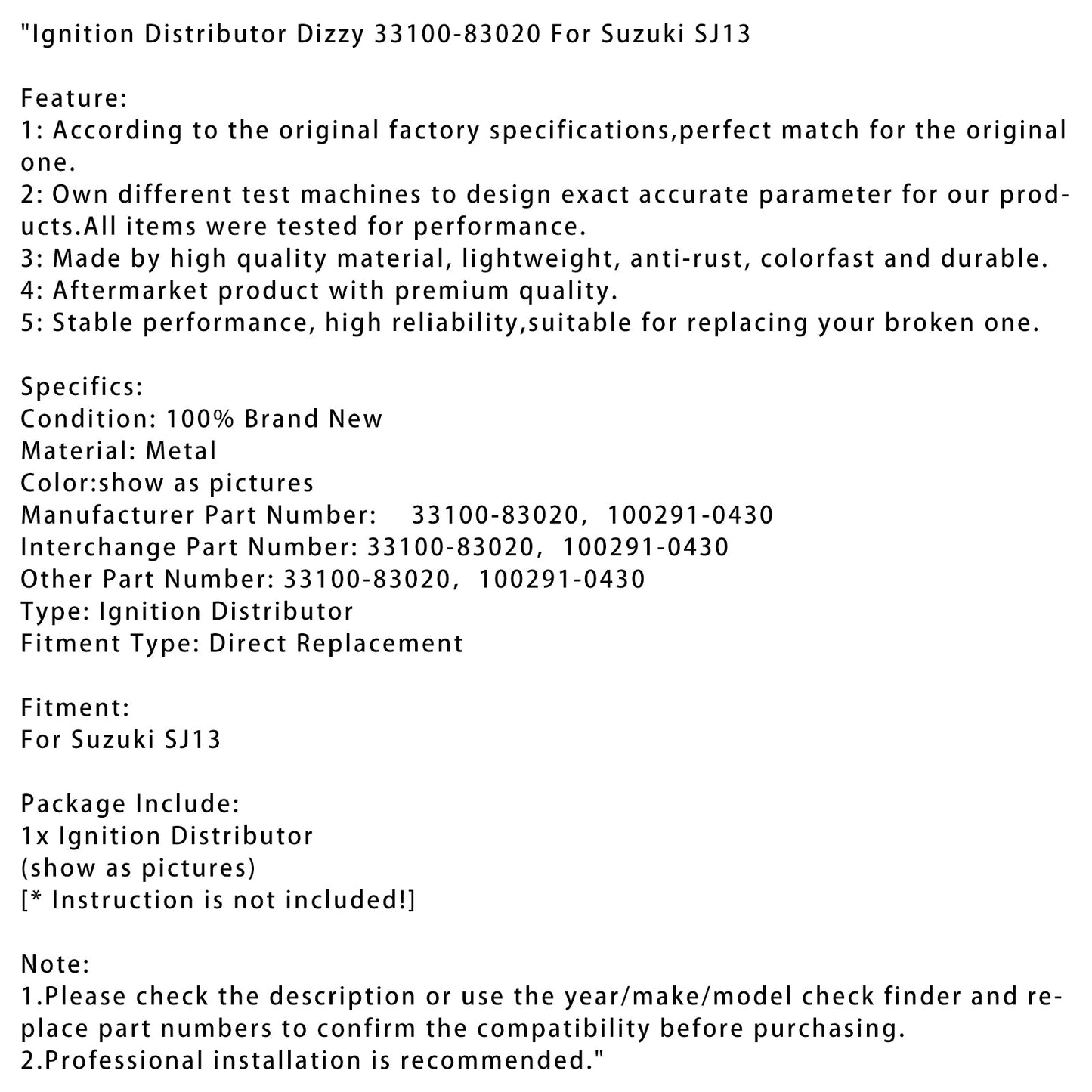 Distributore di accensione per Suzuki SJ13 33100-83020 100291-0430