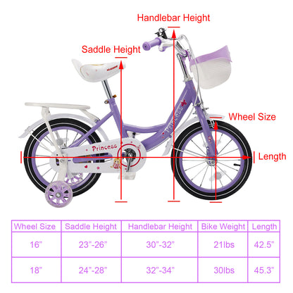 Bicicletta da principessa per bambini da 18" per ragazze, con ruote da allenamento rimovibili, rosa/viola