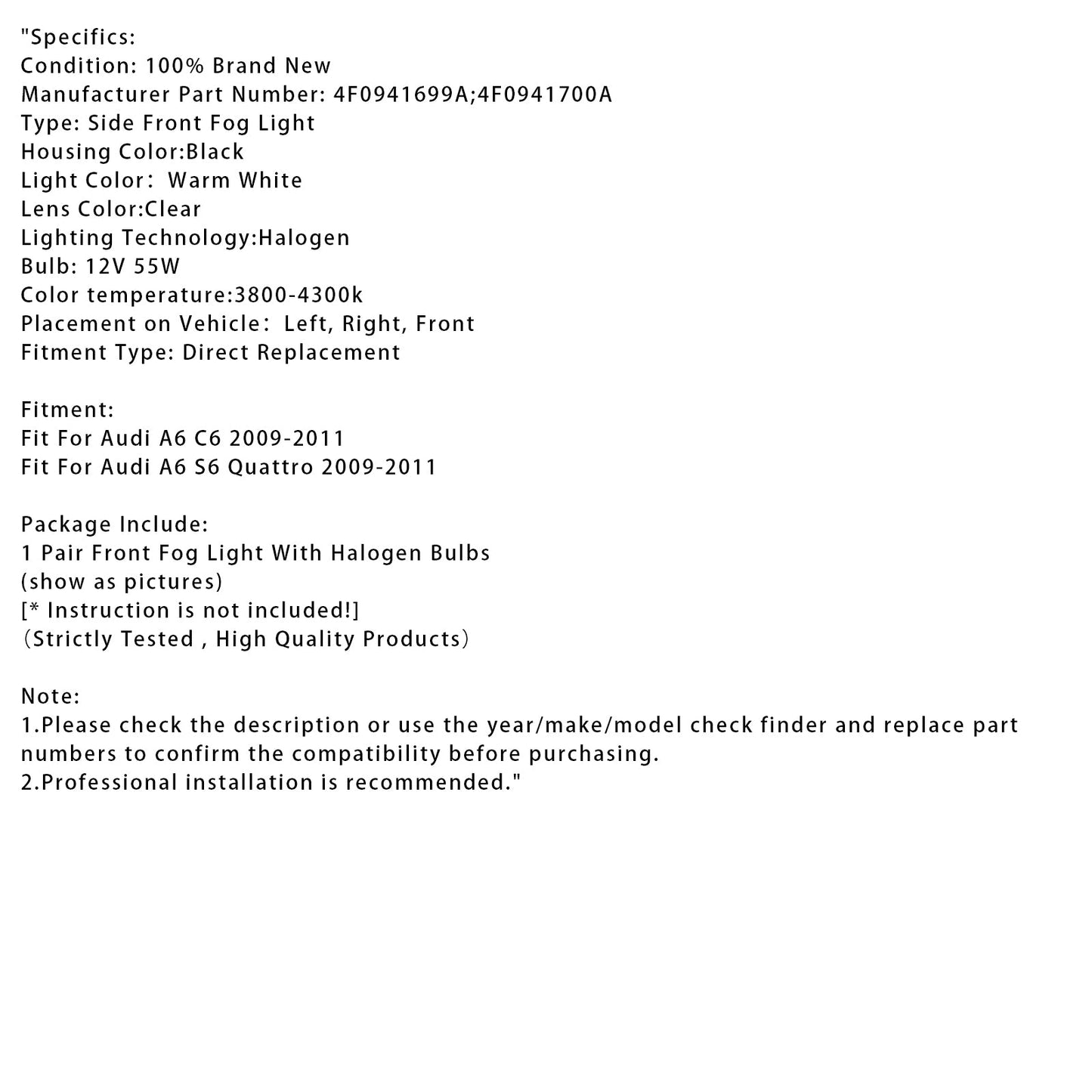 Coppia di fari fendinebbia anteriori per paraurti per Audi A6 Avant 4F C6 2009-2011