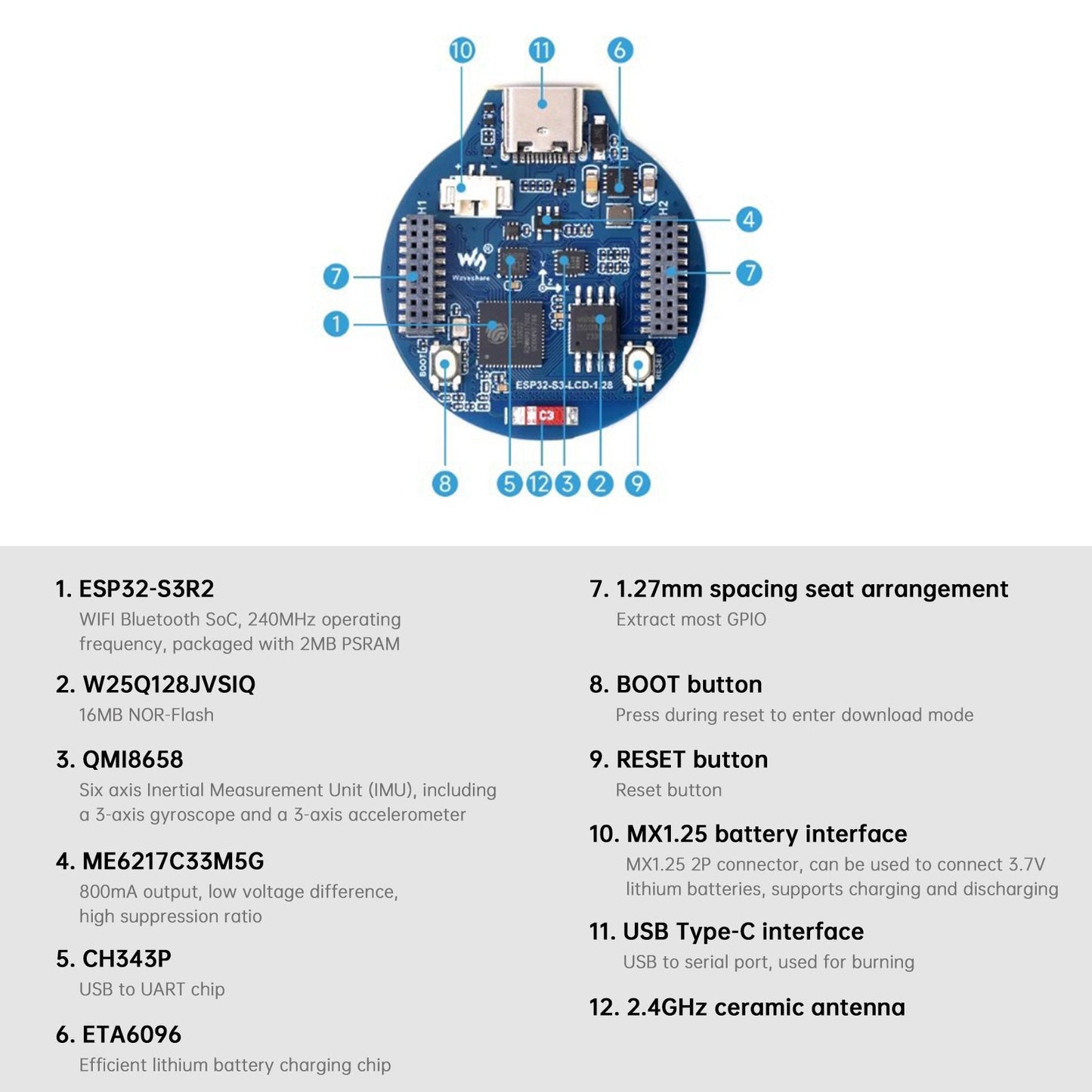 Scheda di sviluppo ESP32 S3 Schermo IPS rotondo Bluetooth Frequenza operativa 240Mhz