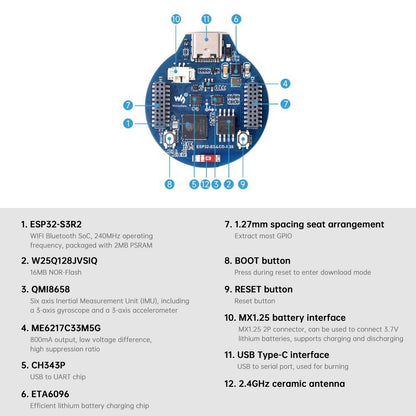 Scheda di sviluppo ESP32 S3 Schermo IPS rotondo Bluetooth Frequenza operativa 240Mhz