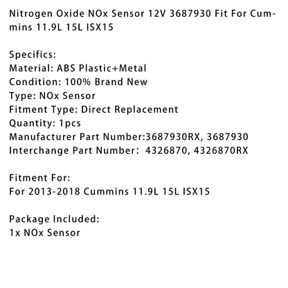 Sensore di ossido di azoto NOx Cummins 11.9L 15L ISX15 2013-2018 12V 3687930