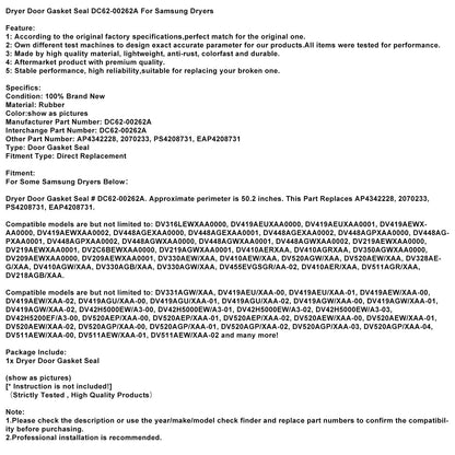 Guarnizione porta asciugatrice DC62-00262A per asciugatrici Samsung