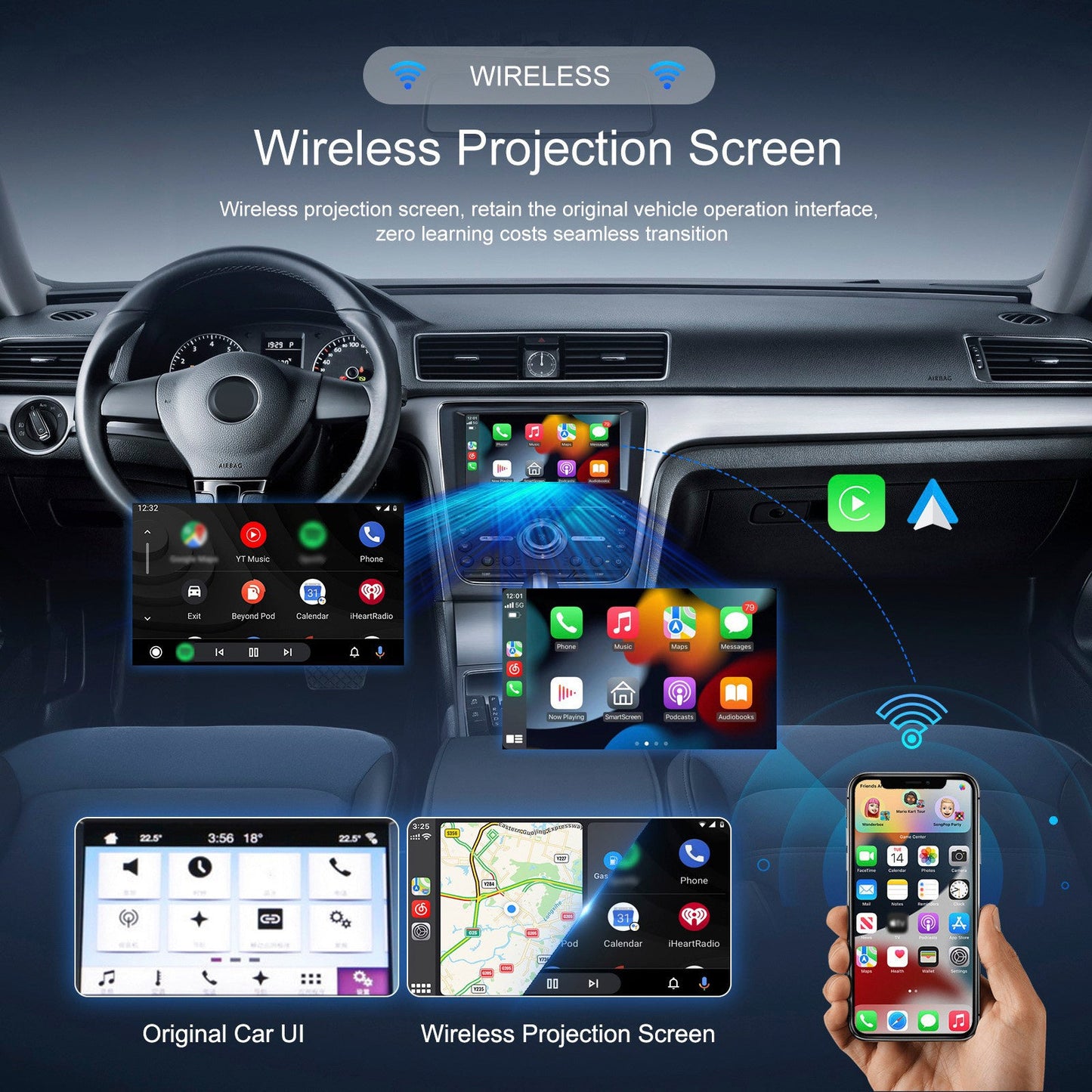 Adattatore wireless 2 in 1 per Apple CarPlay e Android Auto, cablato per auto con CarPlay wireless