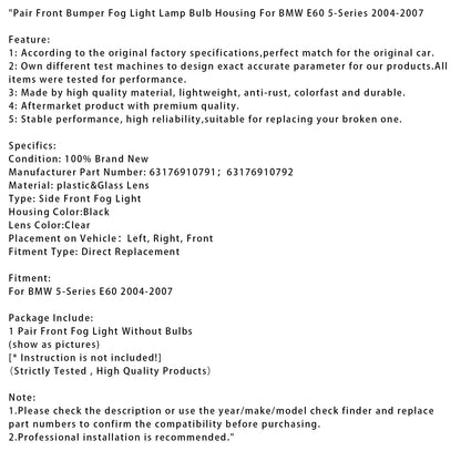 Coppia di alloggiamenti per lampadine fendinebbia paraurti anteriore BMW E60 Serie 5 2004-2007
