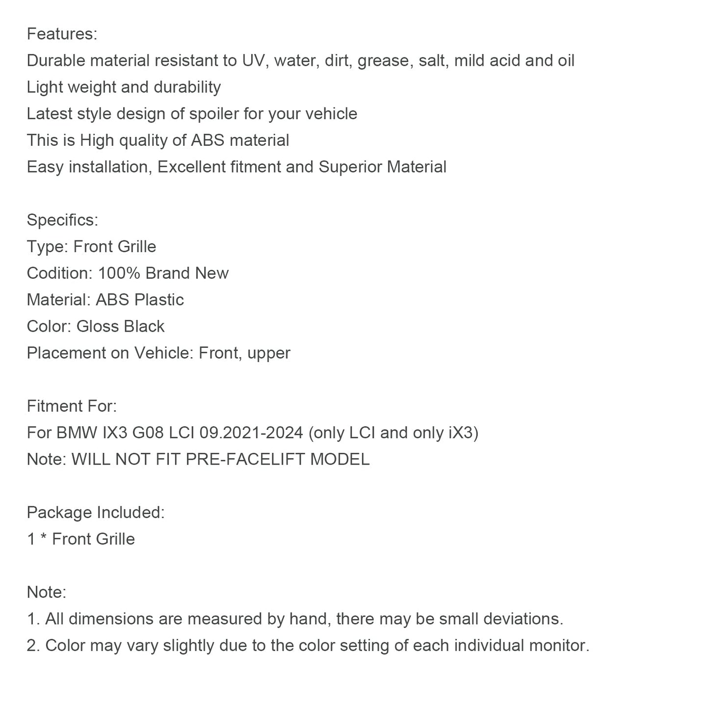 2022+ BMW IX3 G08 LCI Griglia a rene anteriore nera lucida a doppia lamella