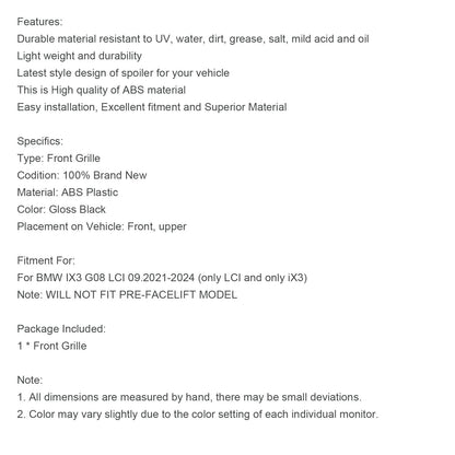 2022+ BMW IX3 G08 LCI Griglia a rene anteriore nera lucida a doppia lamella