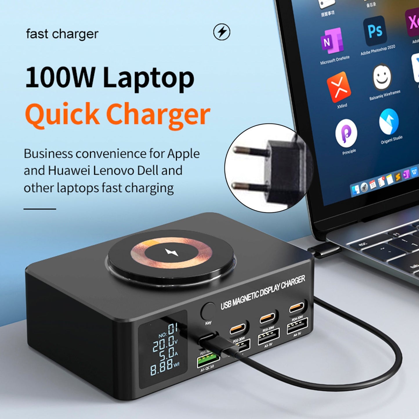 Caricabatterie rapido da 140 W con display digitale intelligente PD100W per telefoni cellulari e notebook, caricabatterie multiporta USB magnetico con ricarica wireless, spina UE