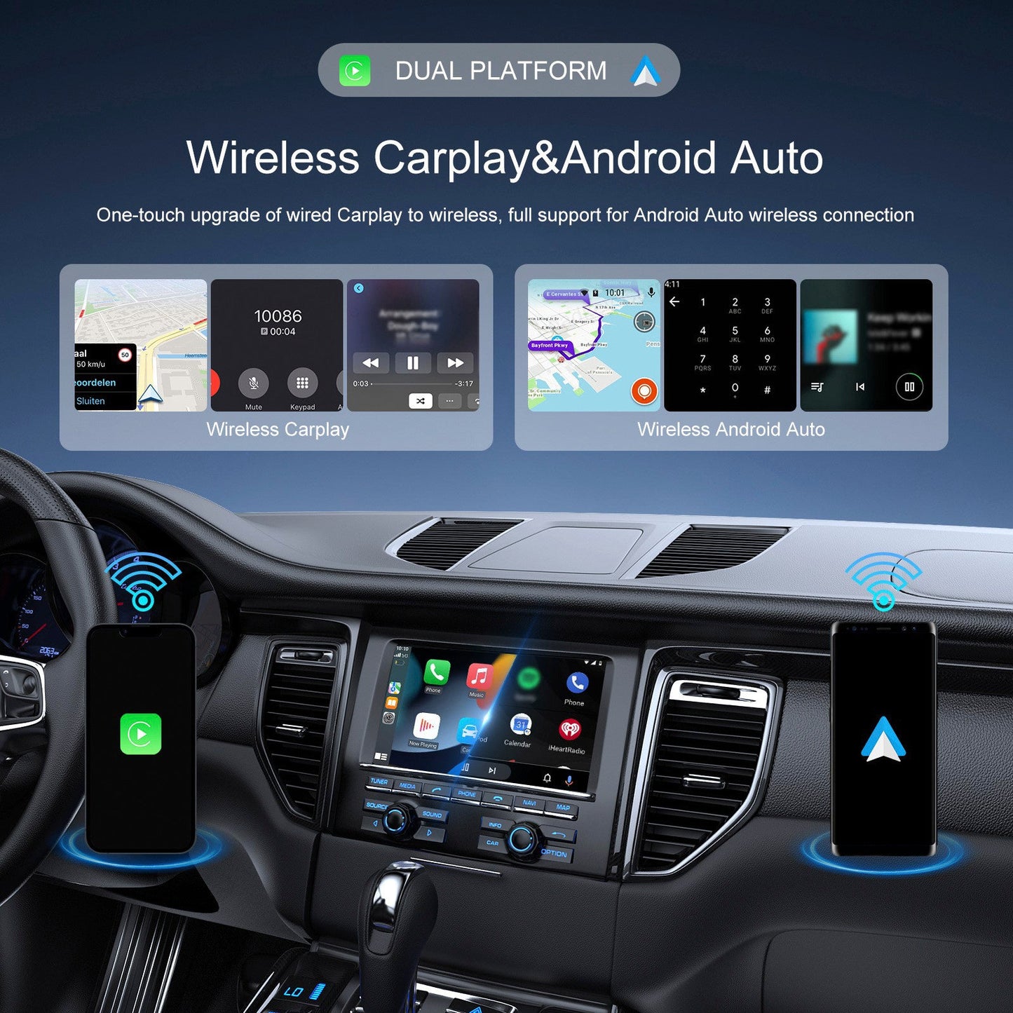 Adattatore wireless 2 in 1 per Apple CarPlay e Android Auto, cablato per auto con CarPlay wireless