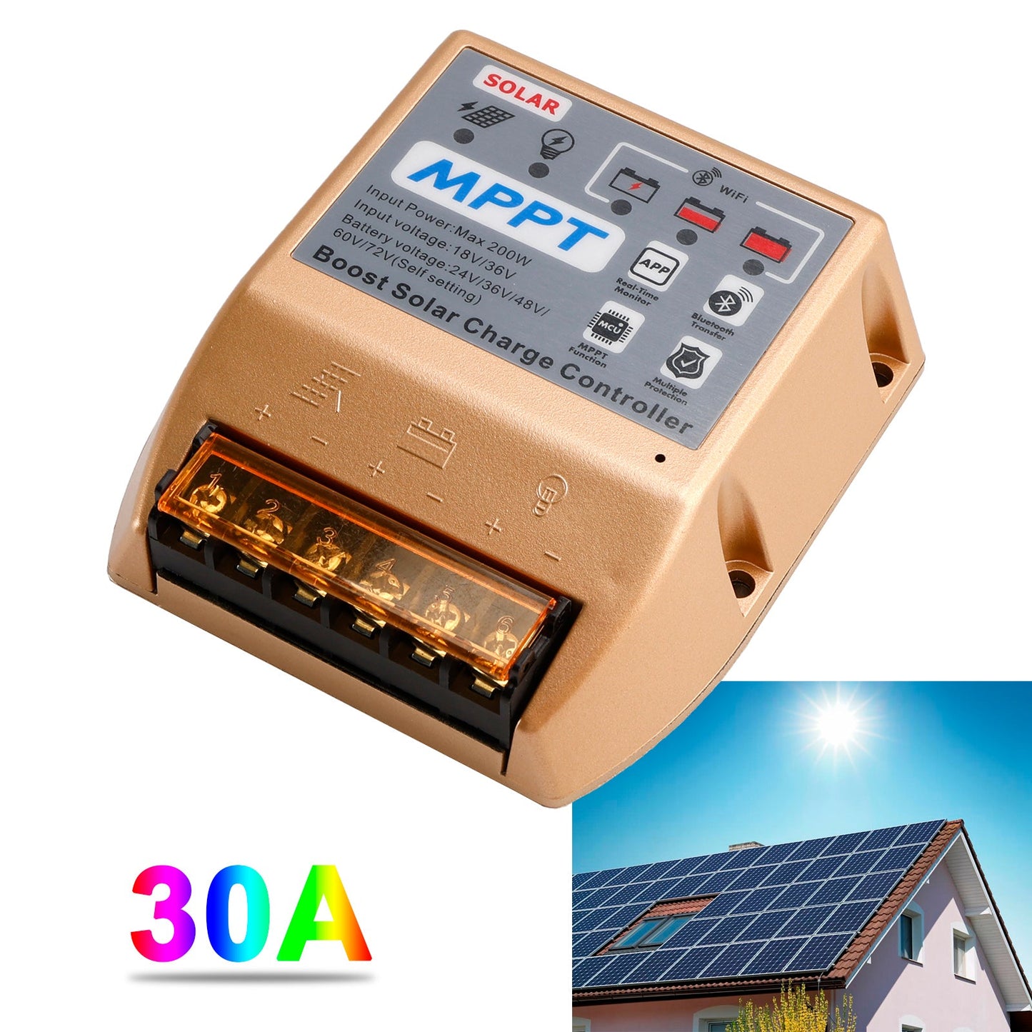 Regolatore solare MPPT Boost 10A/20A/30A 24V36V48V60V72V APP mobile Controllo intelligente