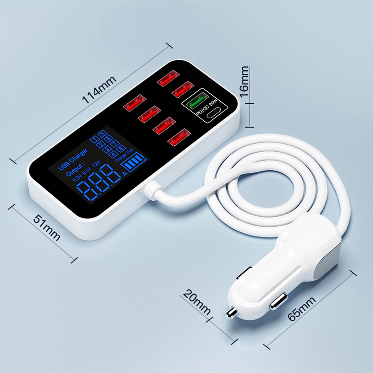 Caricabatterie USB PD5V1A QC3.0 con display, piccolo caricabatteria per auto a 8 porte, accendisigari