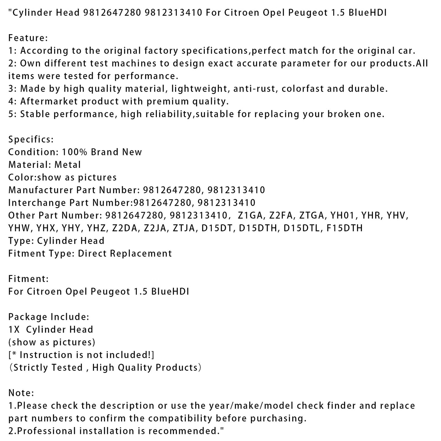 Citroen Opel Peugeot 1.5 BlueHDI Testata 9812647280 9812313410