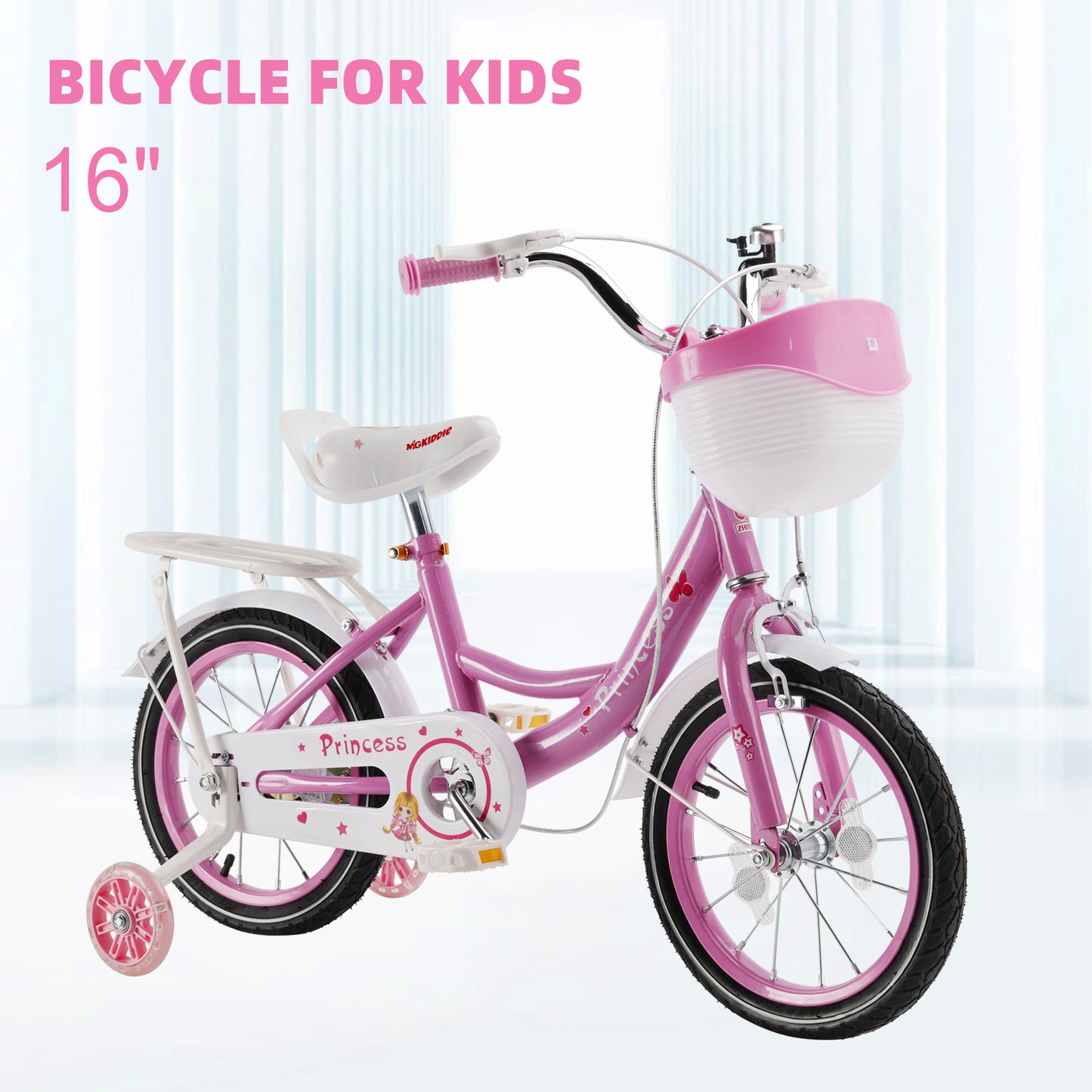 Bicicletta da principessa per bambini da 18" per ragazze, con ruote da allenamento rimovibili, rosa/viola