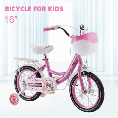 Bicicletta da principessa per bambini da 18" per ragazze, con ruote da allenamento rimovibili, rosa/viola