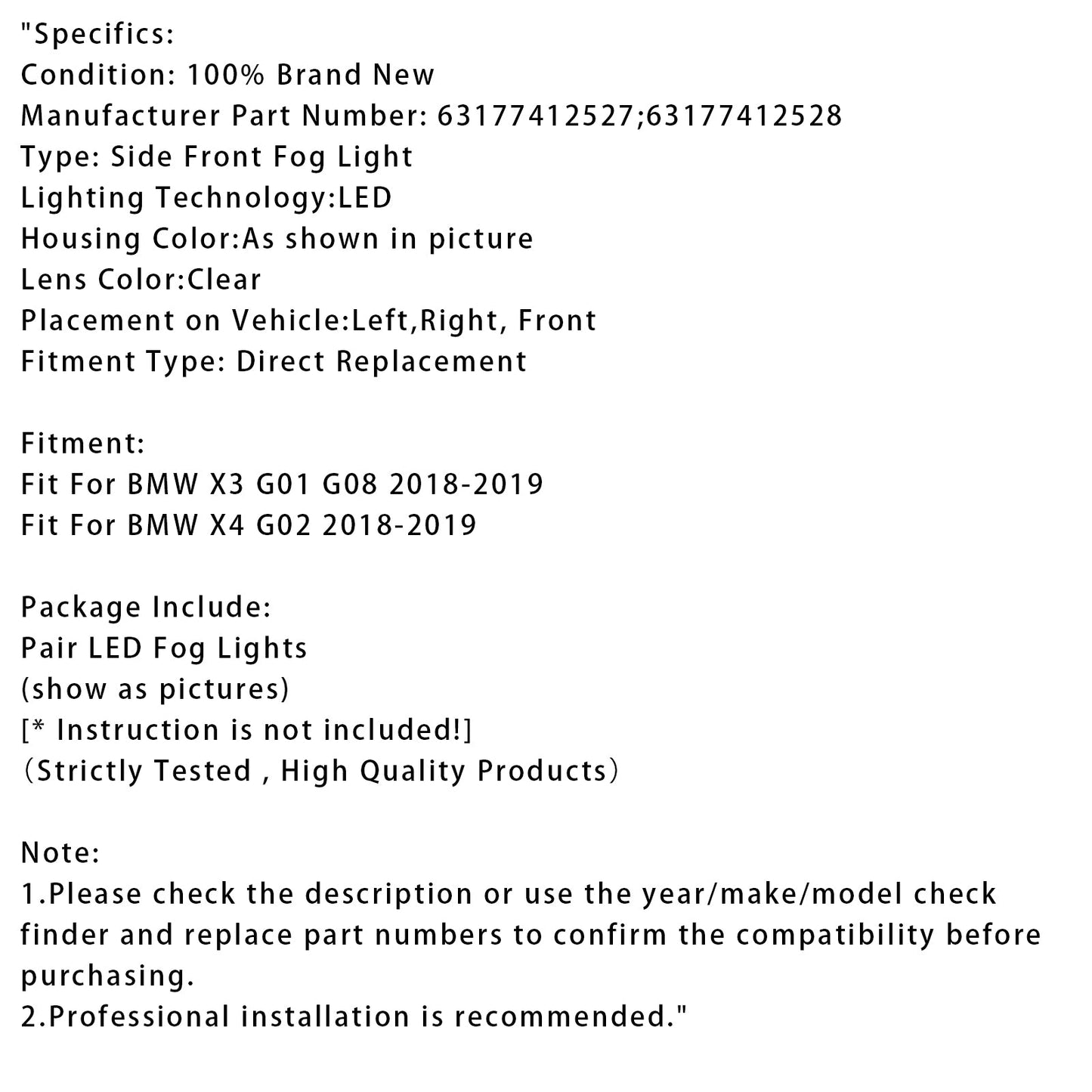 Coppia di fendinebbia a LED per paraurti anteriore BMW X3 G01 G08 X4 G02 2018-2019 63177412528