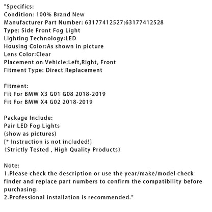 Coppia di fendinebbia a LED per paraurti anteriore BMW X3 G01 G08 X4 G02 2018-2019 63177412528
