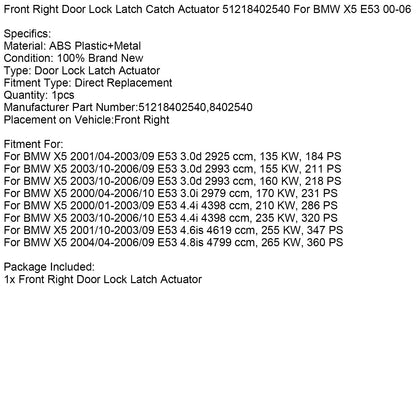 2000/04-2006/10 BMW X5 E53 3.0i 2979 ccm, 170 KW, 231 CV Attuatore di bloccaggio della serratura della portiera anteriore destra 51218402540