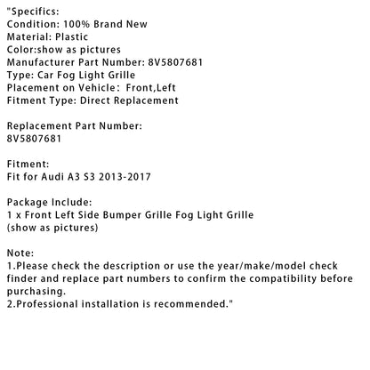Griglia fendinebbia Audi A3 S3 2013-2017 lato sinistro 8V5807681