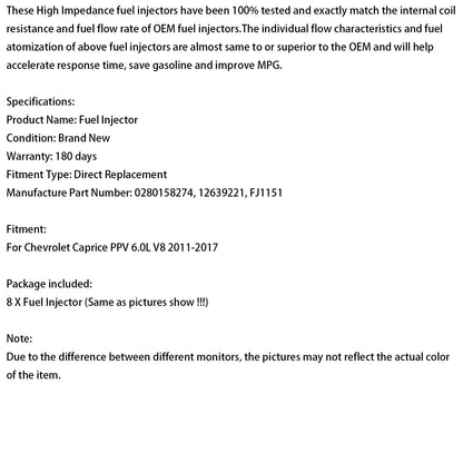 Iniettore di carburante Chevrolet Caprice PPV 6.0L V8 8 pezzi 2011-2017 12639221 0280158274