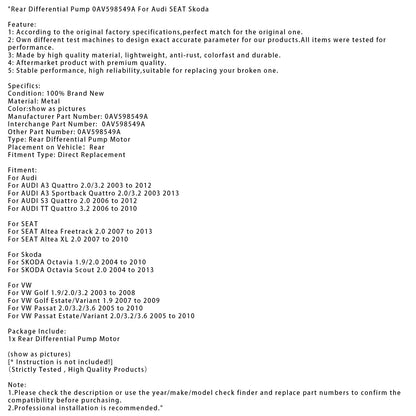 Pompa differenziale posteriore AUDI A3 Sportback Quattro 2.0/3.2 2003-2013 0AV598549A