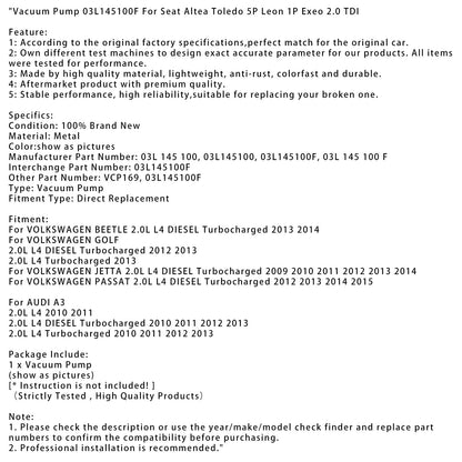 2010 2011 2012 2013 AUDI A3 2.0L L4 Pompa del vuoto turbocompressa 03L145100F VCP169