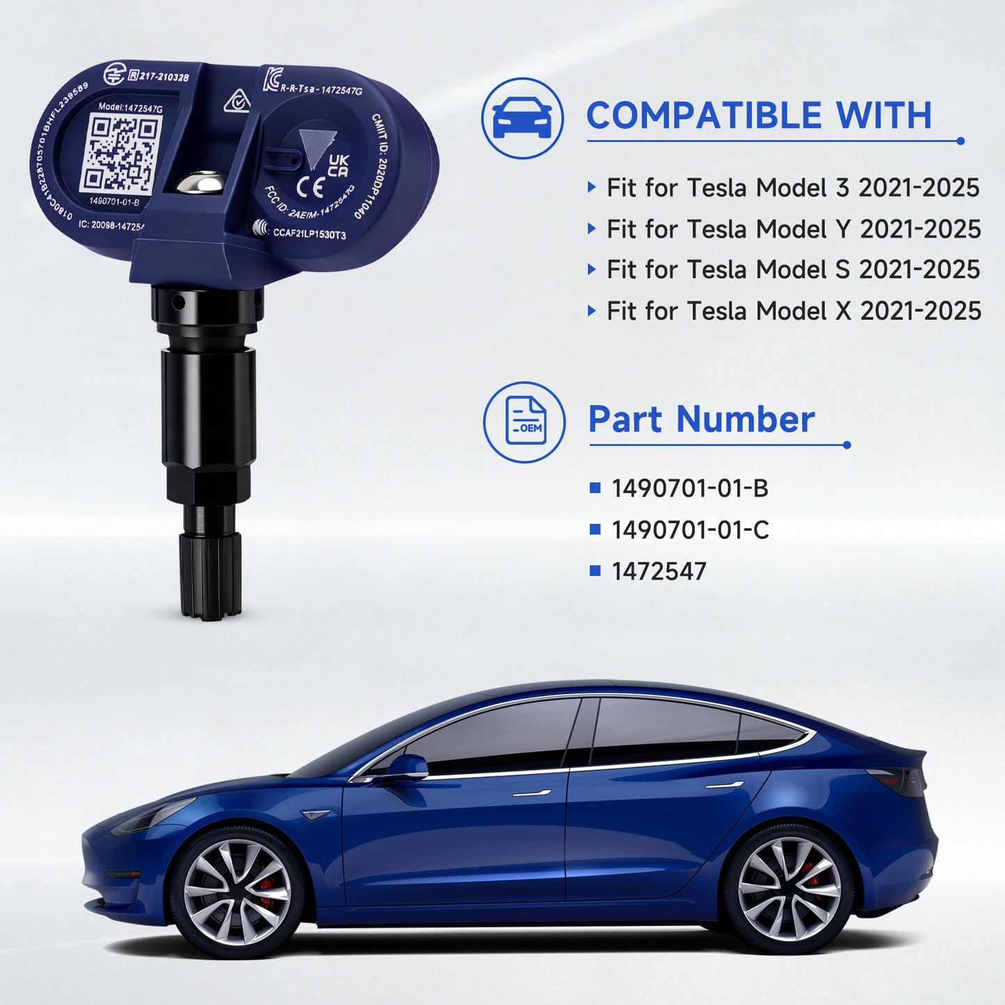 Sensore di pressione pneumatici TPMS Bluetooth 4 pezzi per Tesla Model 3 / S / X / Y 2021-2024