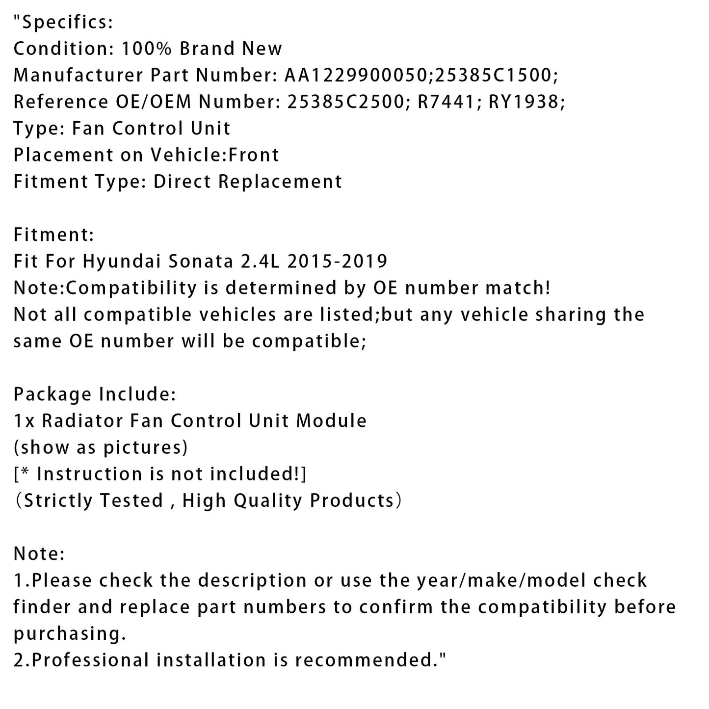 Modulo di controllo ventola radiatore Hyundai Sonata 2.4L 2015-2019 AA1229900050