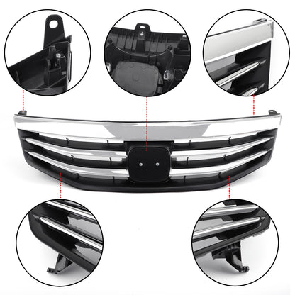 Black Chrome Front Upper Bumper Hood Grille Grill Per Honda Accord 2011-2012 4DR