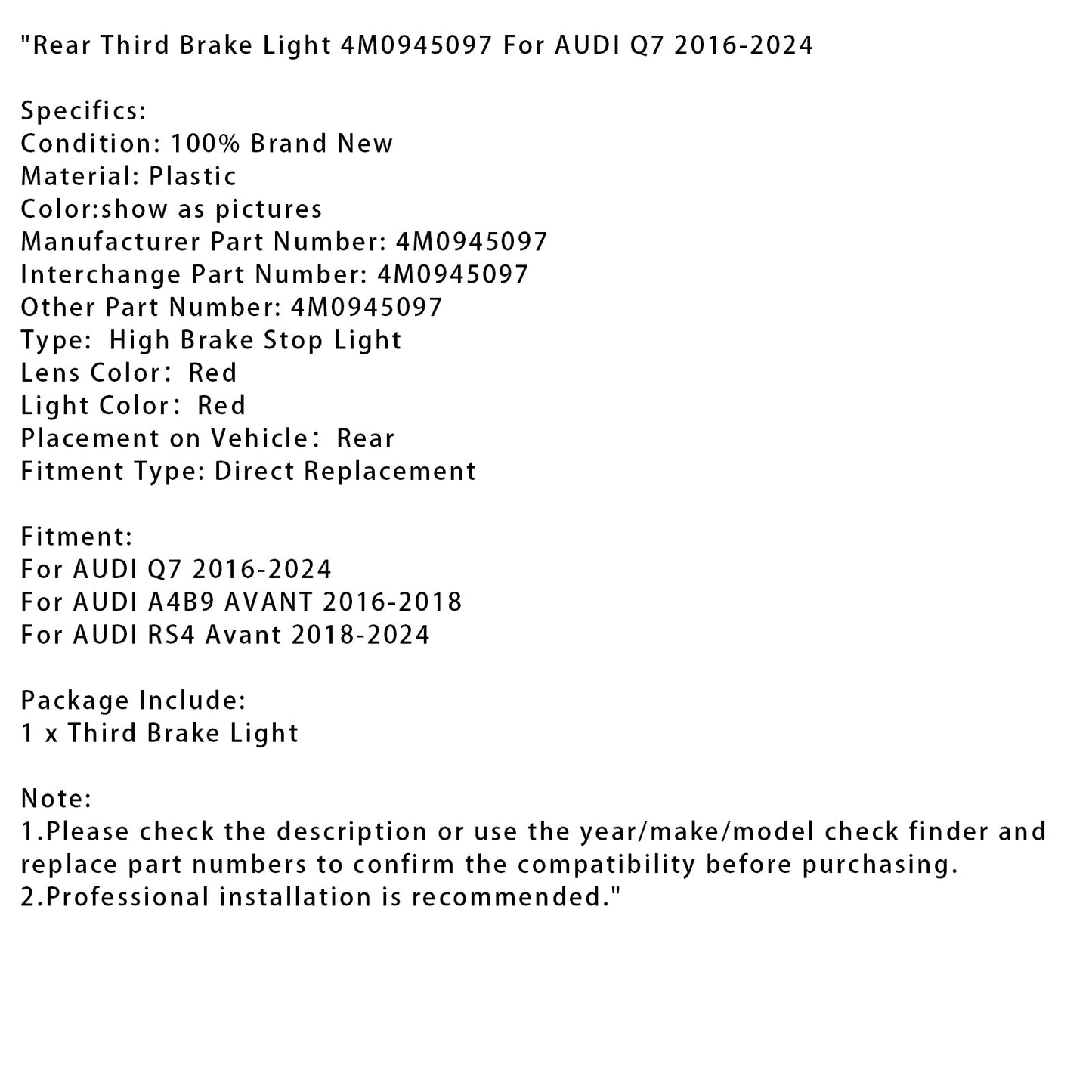 Terza luce di stop posteriore 4M0945097 per AUDI Q7 2016-2024