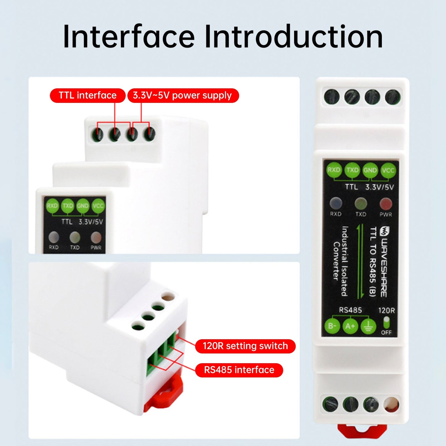 Modulo di isolamento elettrico da TTL a RS485 Convertitore seriale su guida DIN Protezione da sovratensioni