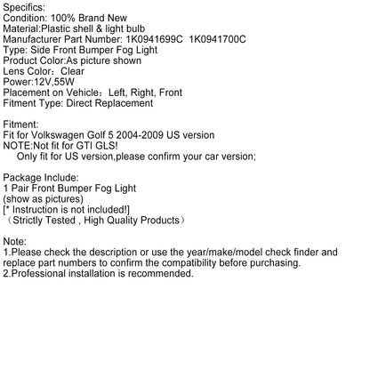 Coppia di fendinebbia per paraurti anteriore sinistro e destro per Volkswagen Golf 5 2004-2009, versione USA