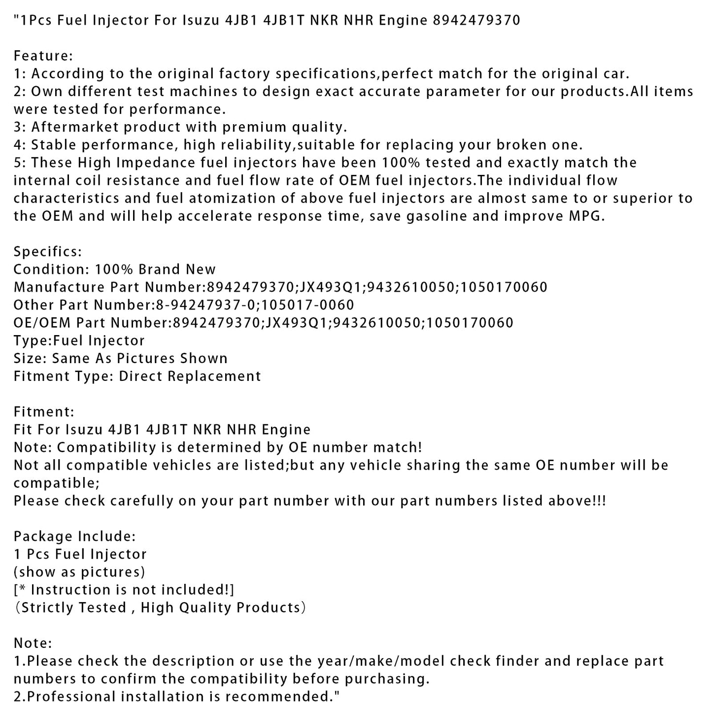 1 pz iniettore carburante per motore Isuzu 4JB1 4JB1T NKR NHR 8942479370