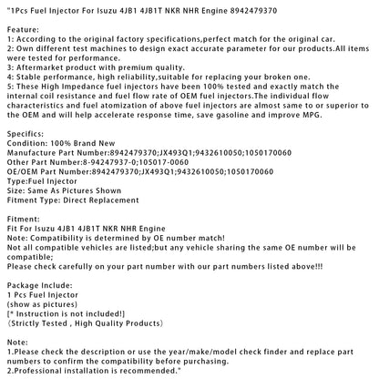 1 pz iniettore carburante per motore Isuzu 4JB1 4JB1T NKR NHR 8942479370