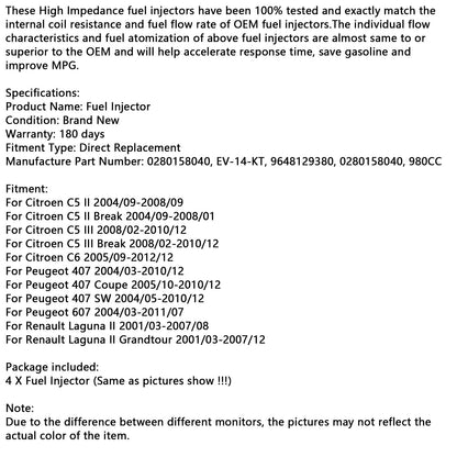 Iniettore carburante 4 pezzi 0280158040 980CC adatto a Citroen, Peugeot e Renault