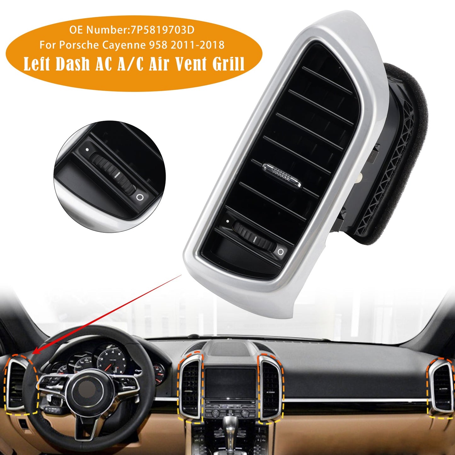 Griglia di ventilazione aria condizionata A/C sinistra del cruscotto Porsche Cayenne 958 2011-2018 7P5819703D