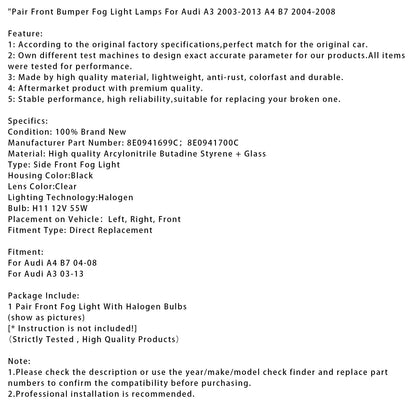 Coppia di fari fendinebbia per paraurti anteriore per Audi A3 2003-2013 A4 B7 2004-2008