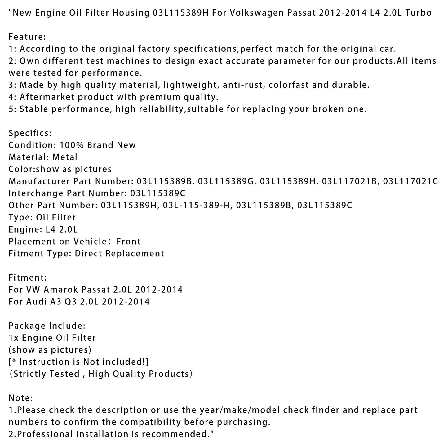 2012-2014 VW Amarok Passat 2.0L Nuovo alloggiamento del filtro dell'olio motore 03L115389B 03L115389C
