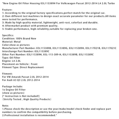 2012-2014 VW Amarok Passat 2.0L Nuovo alloggiamento del filtro dell'olio motore 03L115389B 03L115389C