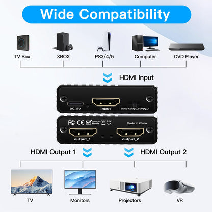 Splitter HDMI 8K 1 a 2 HD2.1 8K60hz/4K120hz/1080P240hz con EDID Splitter 1x2