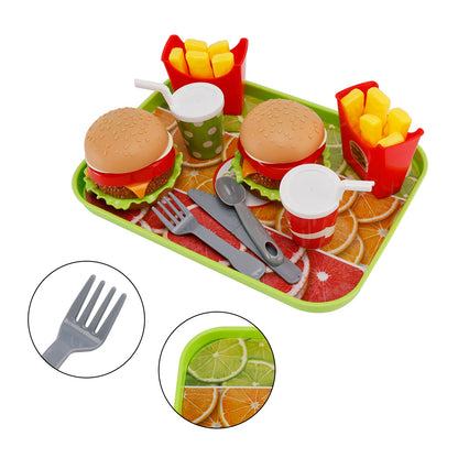 Set da cucina giocattolo per bambini con hamburger, waffle, patatine fritte, bevande e cibo finto.