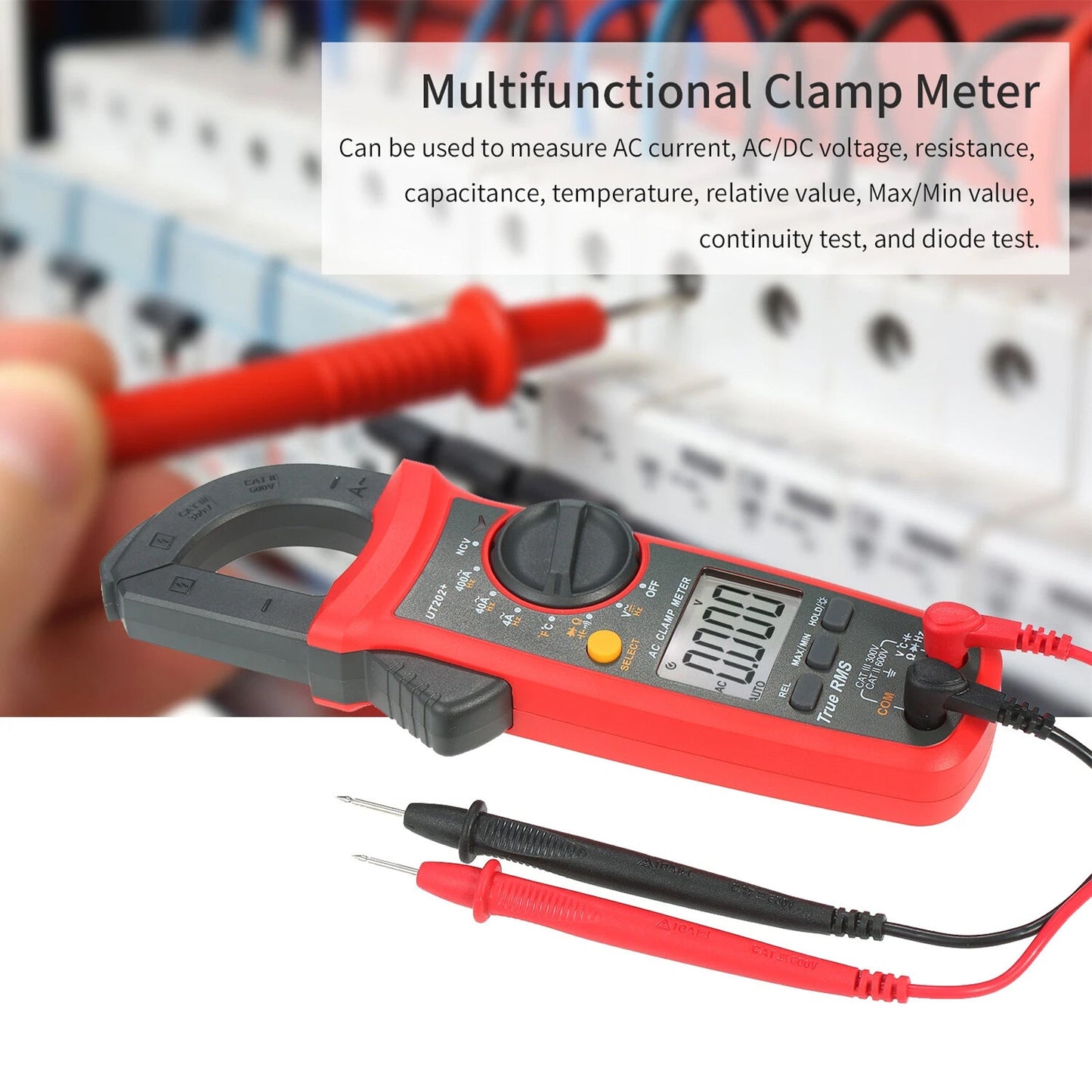Multimetro portatile UT202+ con selezione automatica della portata, misuratore True RMS a pinza e display LCD.
