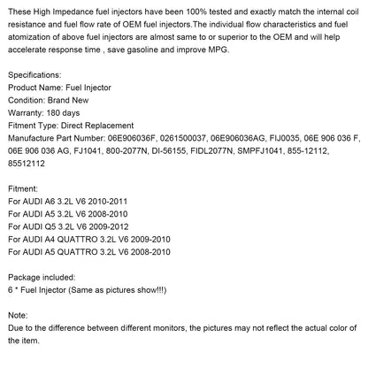 2008-2010 AUDI A5 3.2L V6 6PCS Iniettore di carburante 06E906036F 0261500037