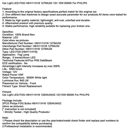 Luce auto LED-FENDINEBBIA H8/H11/H16 12794UNI 12V 10W 6500K per PHILIPS