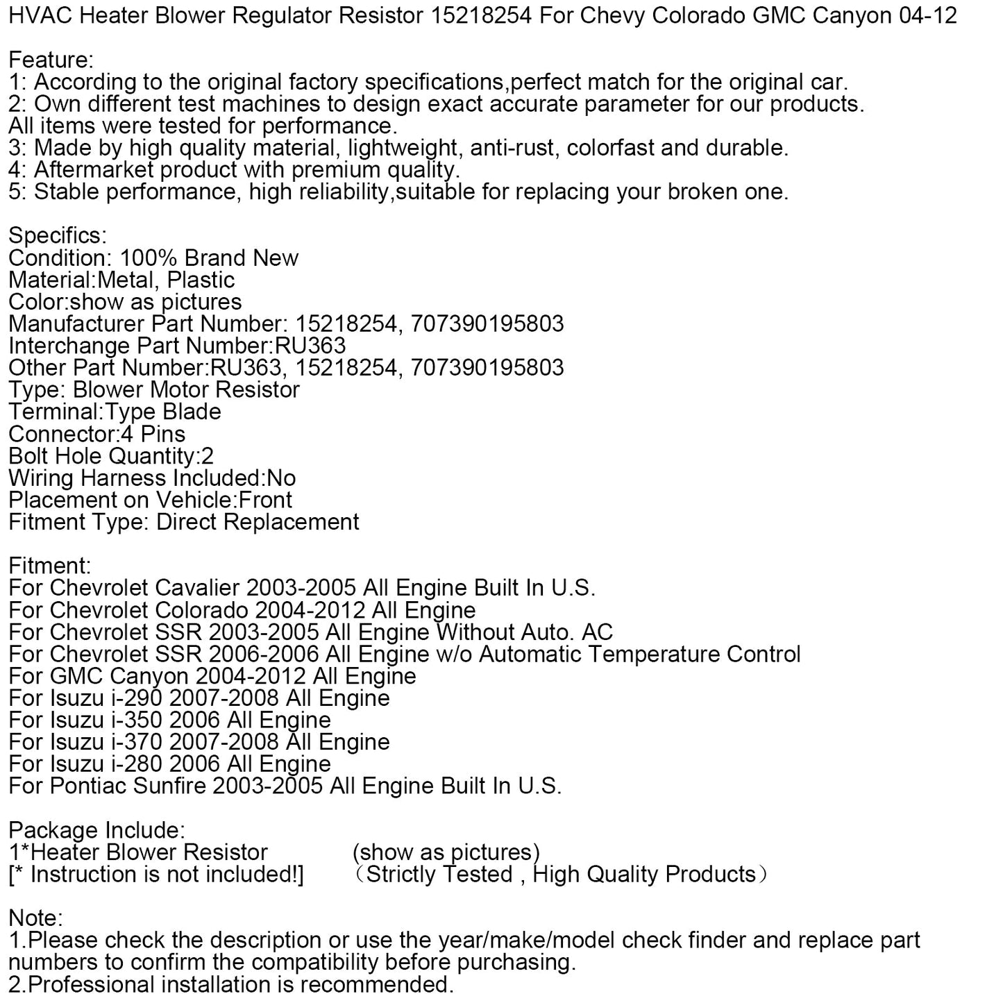 Resistenza regolatore ventola riscaldamento HVAC 15218254 per Chevy Colorado GMC 04-12