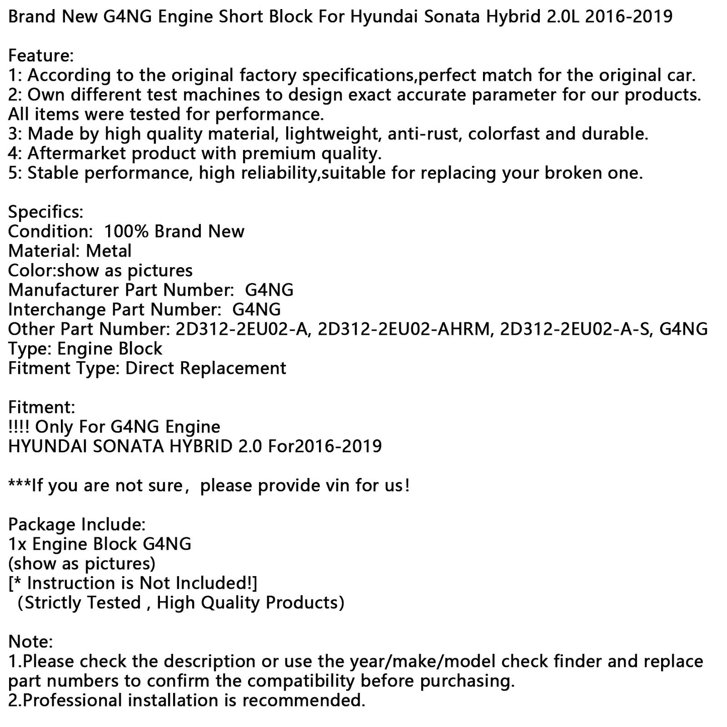 Nuovo motore G4NG a blocco corto per Hyundai Sonata Hybrid 2.0L 2016-2019