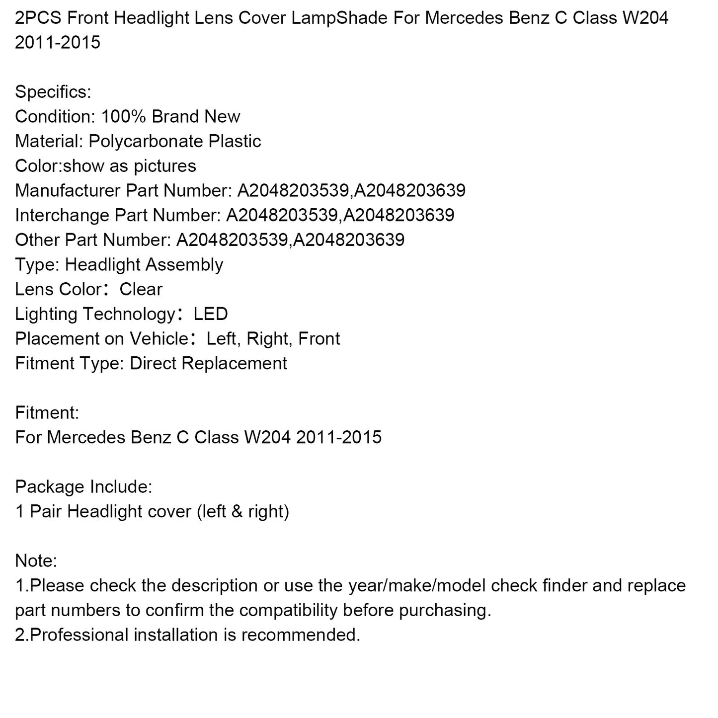 Copri-lente per fari anteriori Mercedes Benz C W204 2011-2015, 2 pezzi