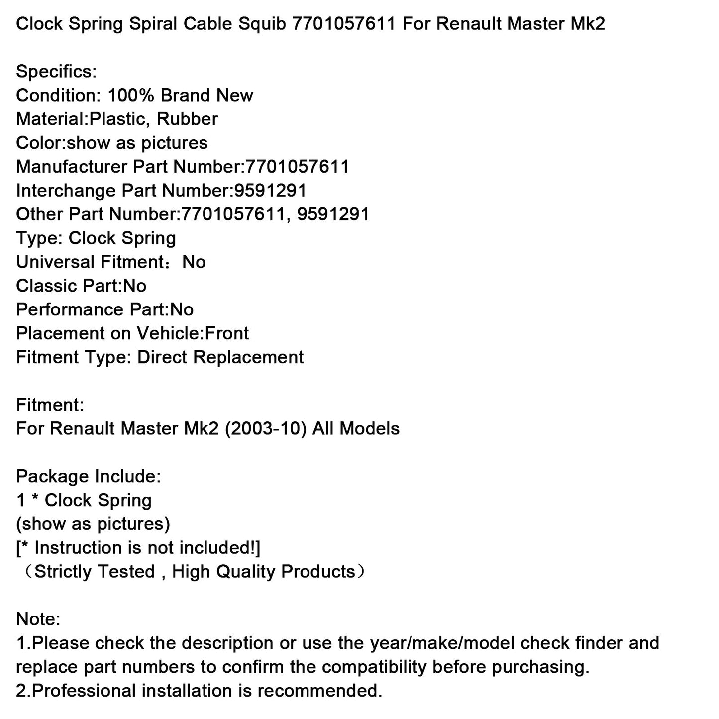 Cavo a spirale con molla dell'orologio Renault Master Mk2 2003-2010 Squib 7701057611