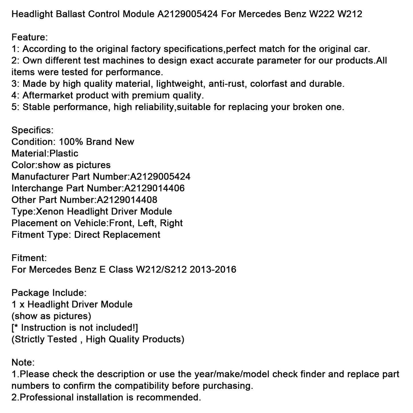 Modulo di controllo della zavorra dei fari Mercedes Benz W212/S212 2013-2016 A2129005424
