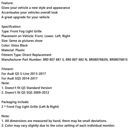 Griglia fendinebbia paraurti anteriore adatta per Audi Q5 S-Line SQ5 2013-2017, nera